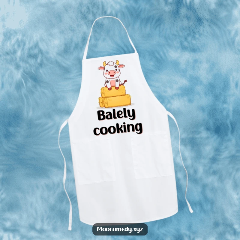 Funny apron showing a smiling cow character attempting to balance a tall stack of hay bales in a kitchen.