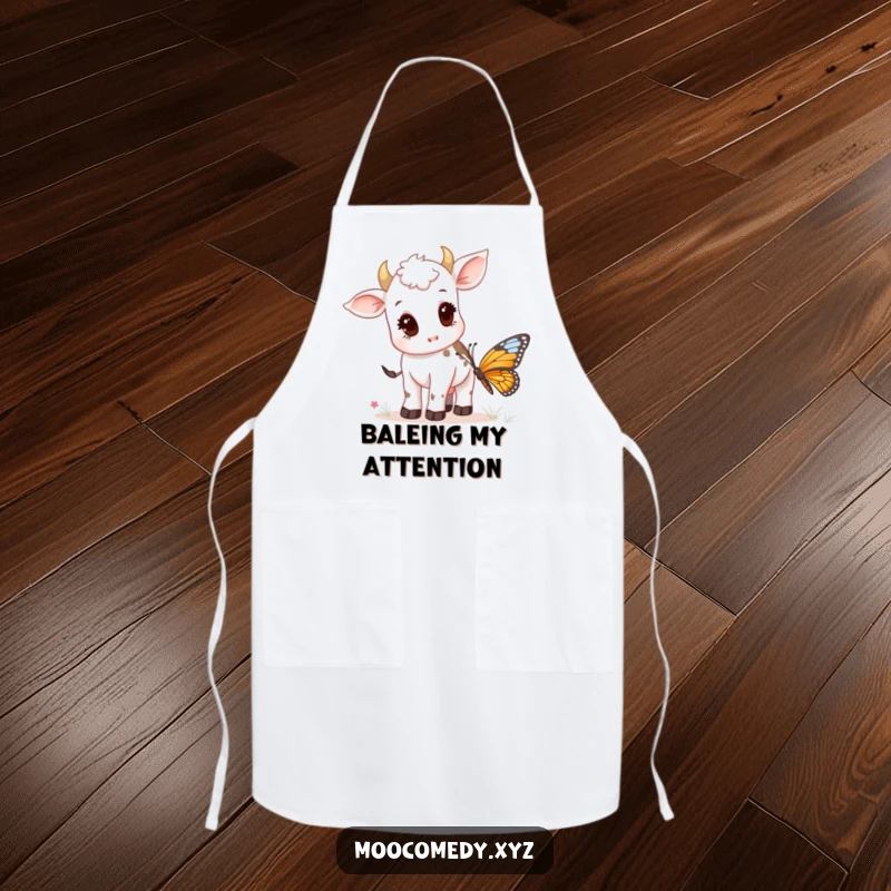 Funny apron showing a curious cow calf looking up at a butterfly while standing in a kitchen.