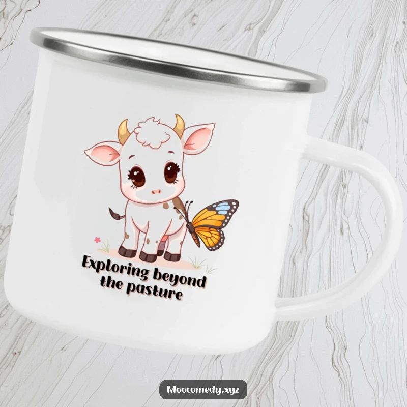 Funny camping mug with a curious cow calf looking at a butterfly, designed for rugged outdoor use.