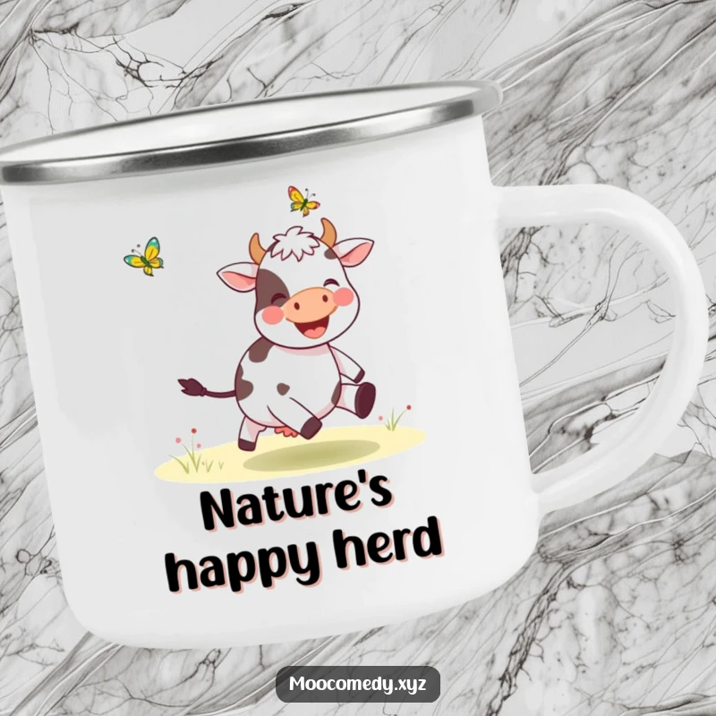 Funny camping mug featuring a joyful cow chasing a butterfly, designed for outdoor fun and cheerful sipping.