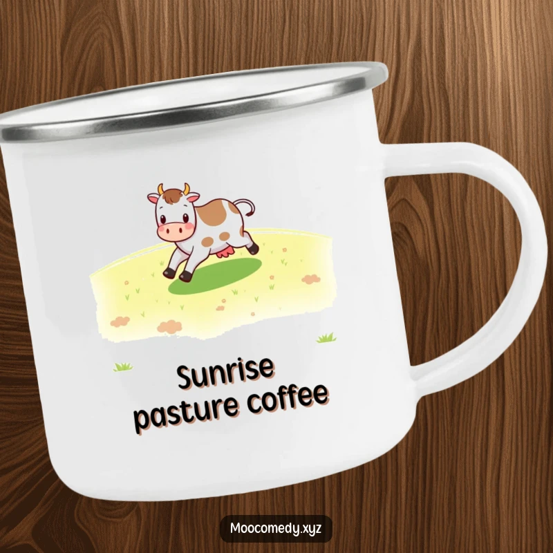 Funny cheerful cow character skipping across a green pasture on a durable camping mug for outdoor use.