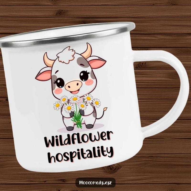 Funny camping mug with a smiling cow offering daisies, designed for cheerful outdoor experiences.