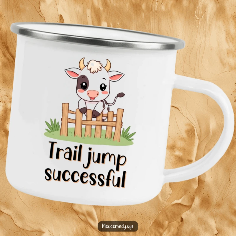Funny cute smiling cow character happily jumping over a tiny fence on a camping mug.