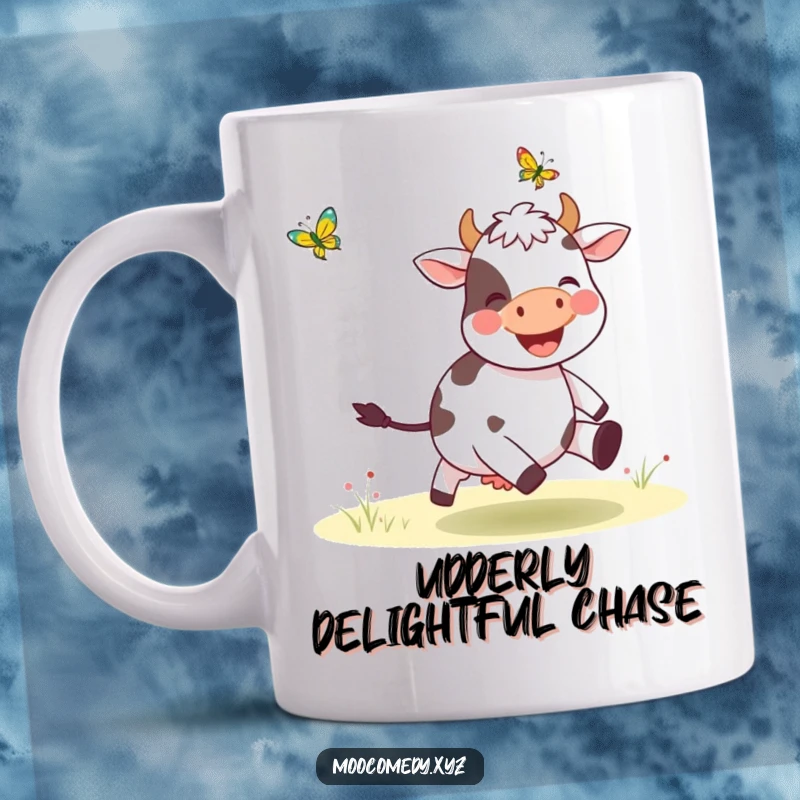 Funny mug featuring a smiling cow character joyfully chasing a fluttering butterfly in a field, perfect for animal lovers.