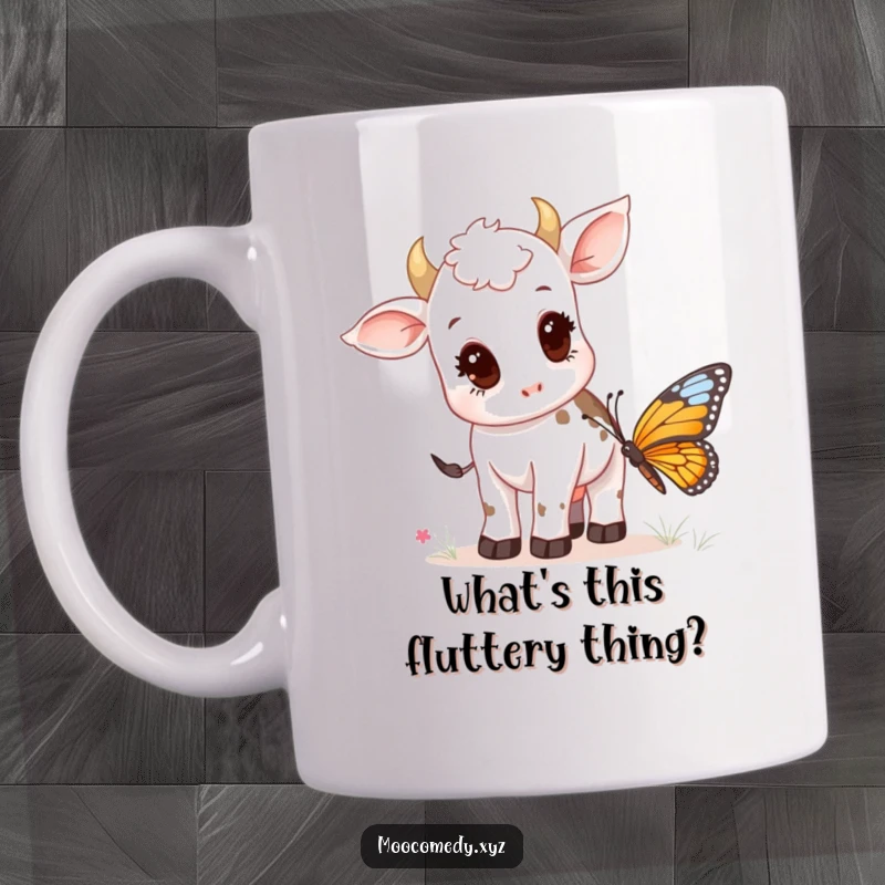 Funny mug with a curious cow calf gently sniffing a bright, colorful butterfly in a sunny meadow.
