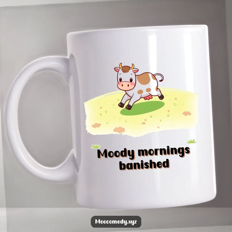 Funny cheerful cow character skipping across a green pasture on a mug, embodying joy and freedom.