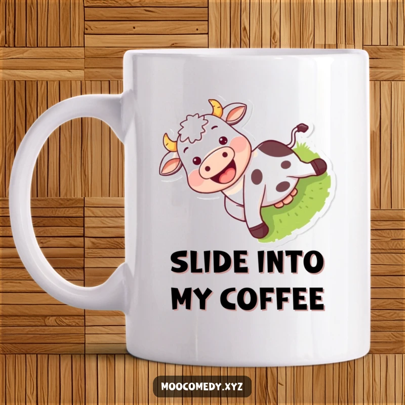Funny mug with a grinning cow character joyfully sliding down a green grassy incline.