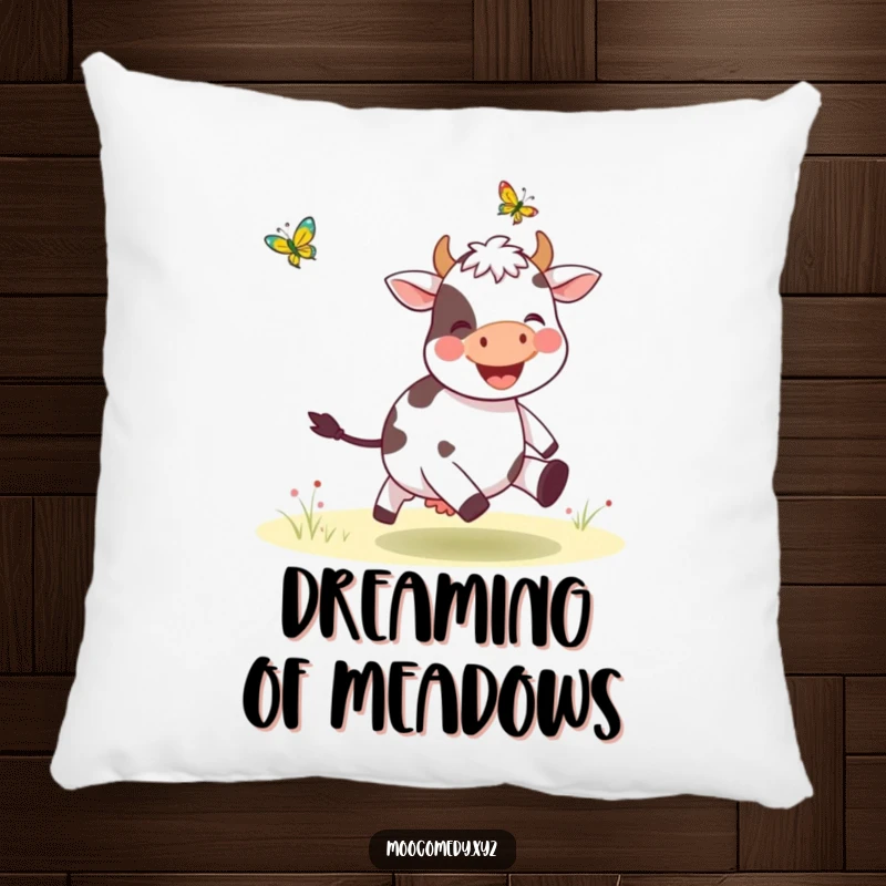 Funny pillow with a depiction of a happy cow joyfully chasing a butterfly, great for adding humor to any room.