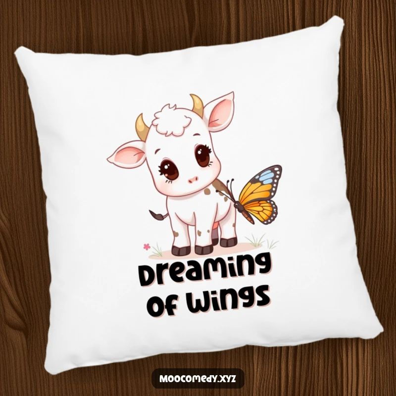 Funny pillow featuring a soft cow calf gazing at a vibrant butterfly, perfect for cozy spaces.