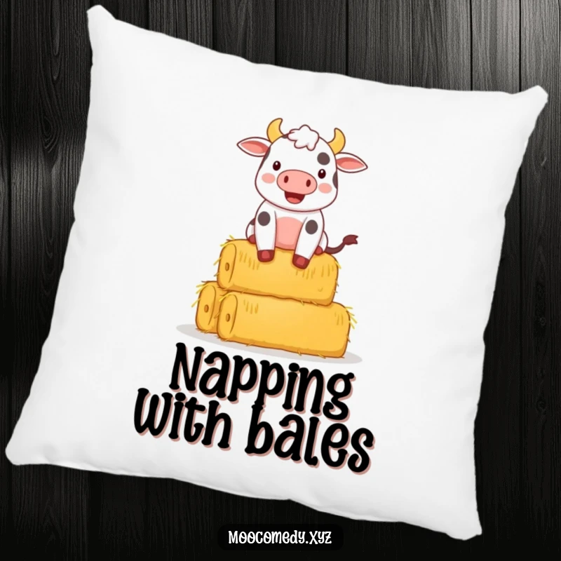 Funny pillow with a happy cow character struggling to keep a large stack of hay bales from falling.