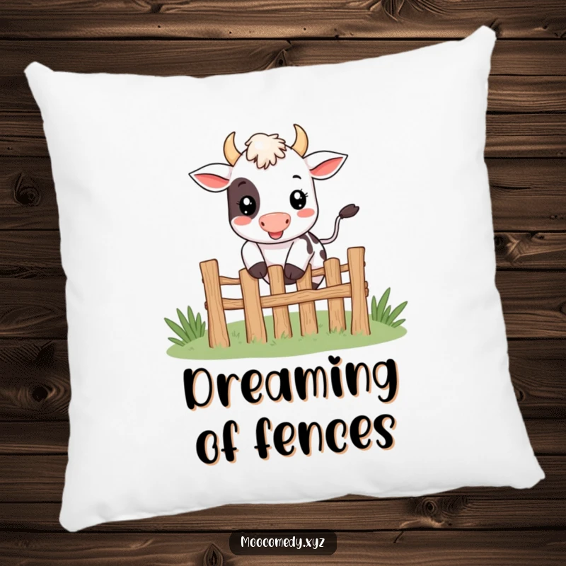Funny cute smiling cow character happily jumping over a tiny fence on a pillow.