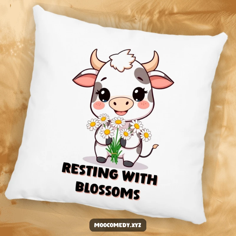 Funny pillow featuring a happy cow holding a bunch of daisies, adding a whimsical and gentle touch.