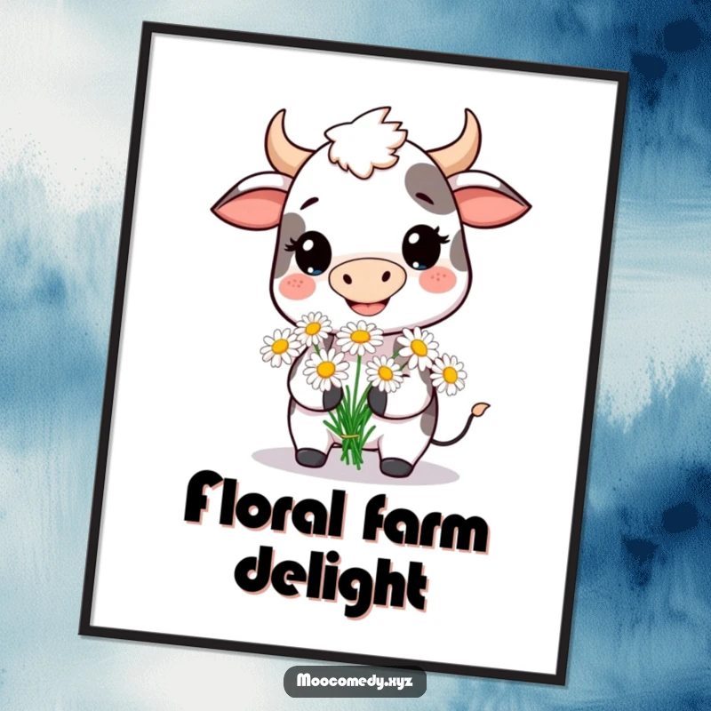 Funny digital art print of a smiling cow offering a bouquet of daisies, bringing cheerful floral vibes.