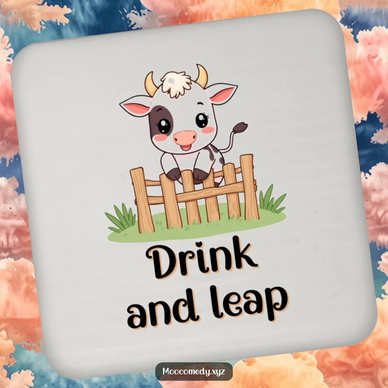 Funny cute smiling cow character happily jumping over a tiny fence on a drink coaster.