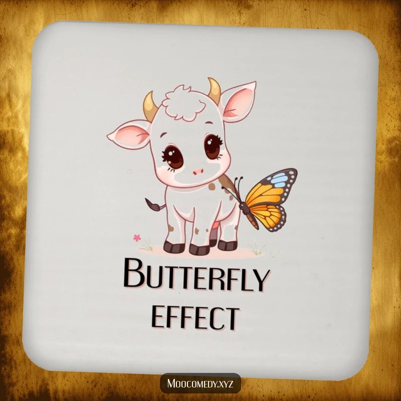Funny drink coasters showcasing a curious cow calf inspecting a colorful butterfly.