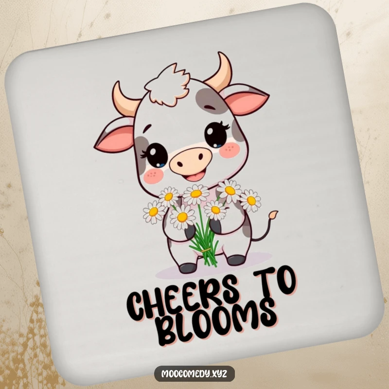 Funny drink coaster with a happy cow presenting daisies, adding a touch of floral humor.