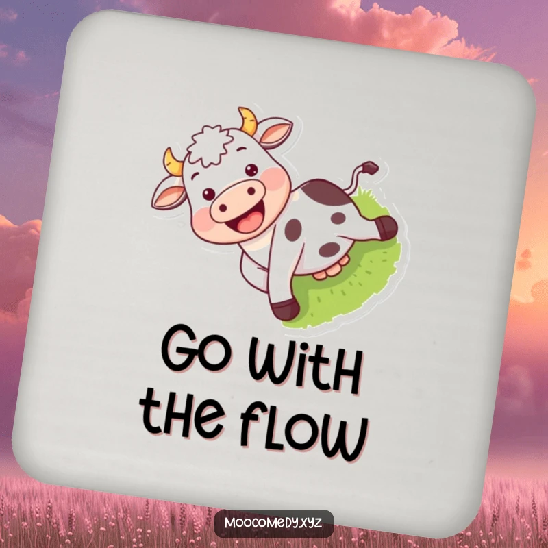 Funny drink coasters showing a grinning cow character gleefully sliding down a grassy incline.