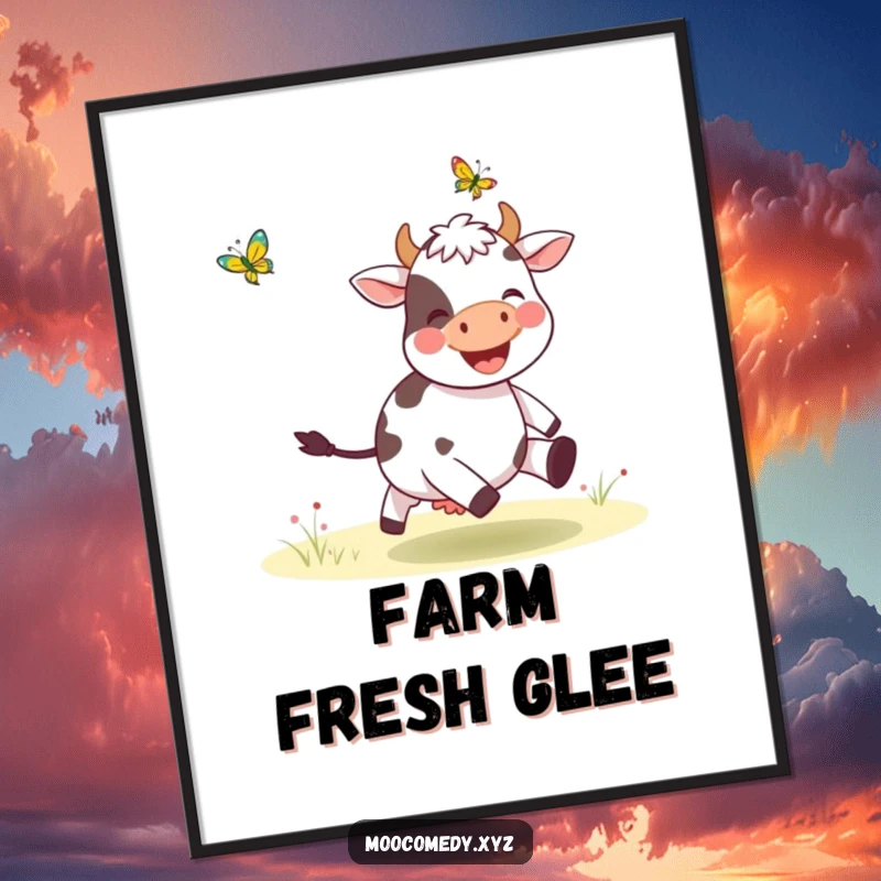Funny poster showcasing a smiling cow joyfully chasing a butterfly, adding a whimsical and happy touch to decor.