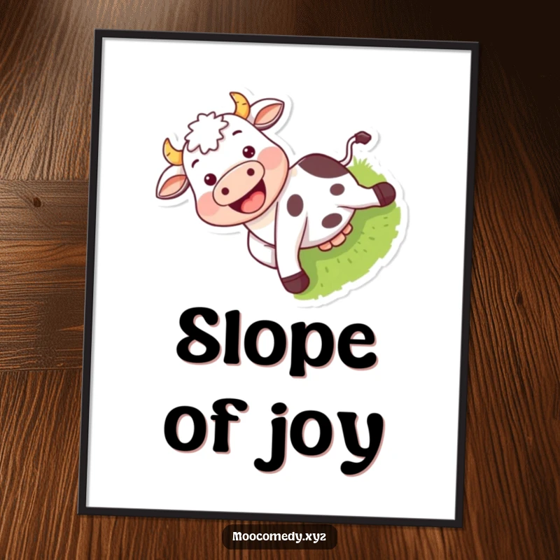Funny poster depicting a grinning cow character having a blast sliding down a grassy slope.