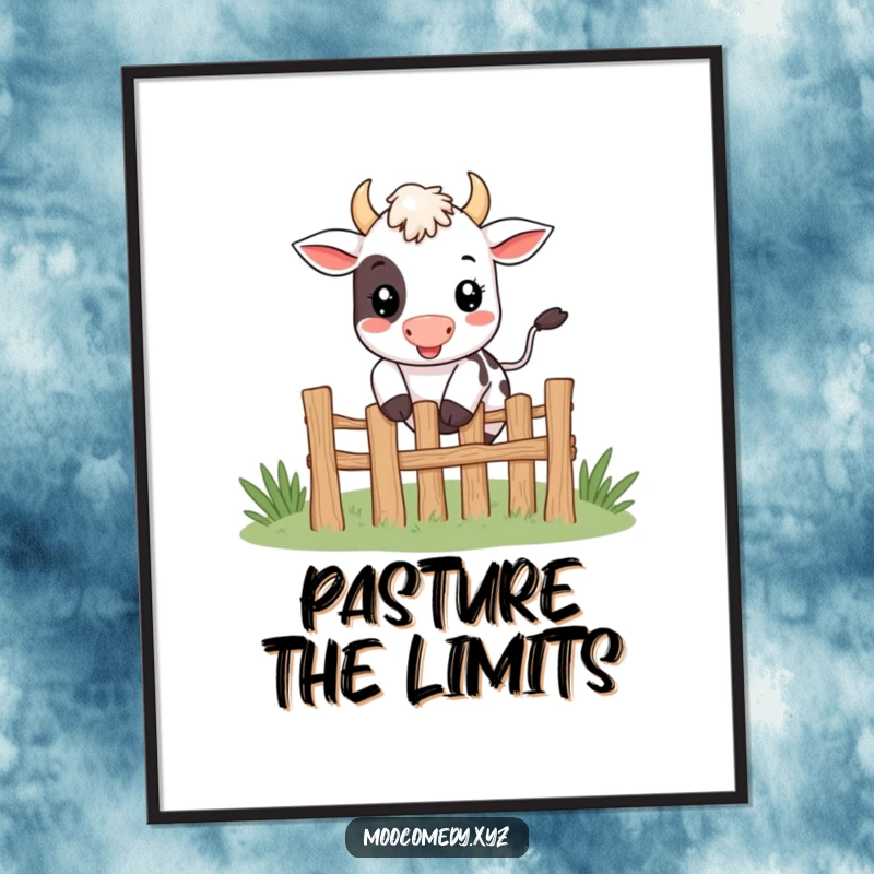 Funny cute smiling cow character happily jumping over a tiny fence as a poster.