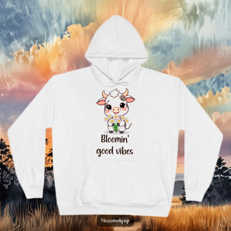 Funny hoodie featuring a happy cow holding a bouquet of daisies, perfect for cozy and cheerful wear.