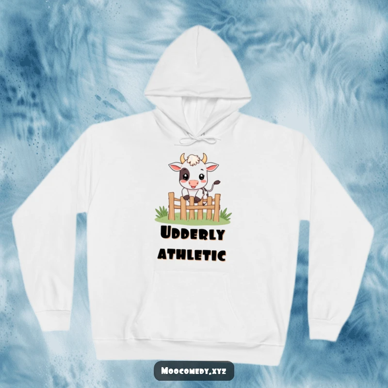 Funny cute smiling cow character happily jumping over a tiny fence on a hoodie.