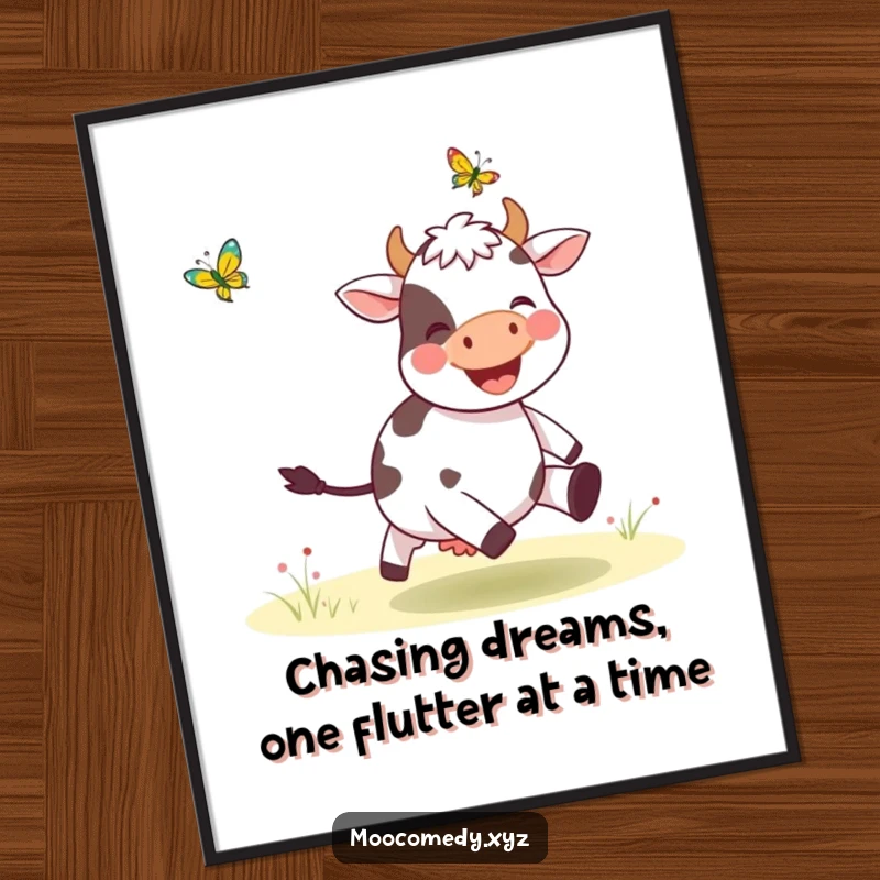 Funny Free Printable Wall Art: A joyful cow joyfully chasing a butterfly across a whimsical landscape, perfect downloadable decor.