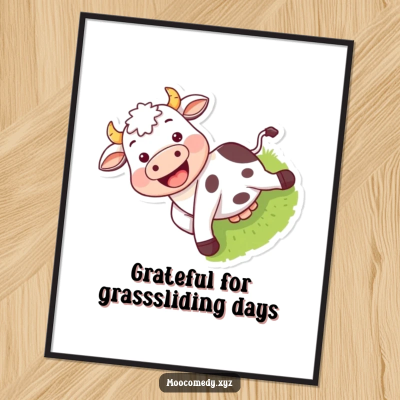 Funny Free Printable Wall Art showing a carefree cow sliding happily down a lush green hill, grinning widely.