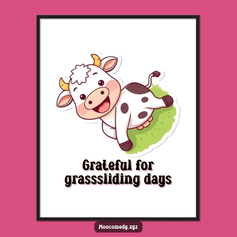 Funny Free Printable Wall Art: Playful Cow Sliding Downhill Downloadable