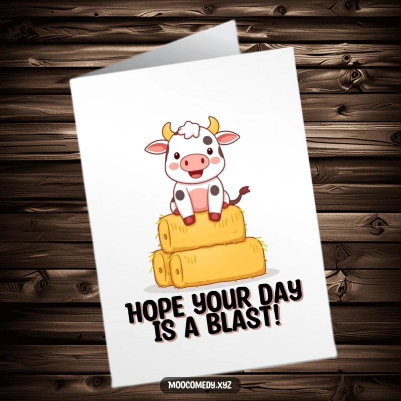 Funny Free Printable Birthday Card: A determined cow character struggling comically to balance a tall stack of hay bales.