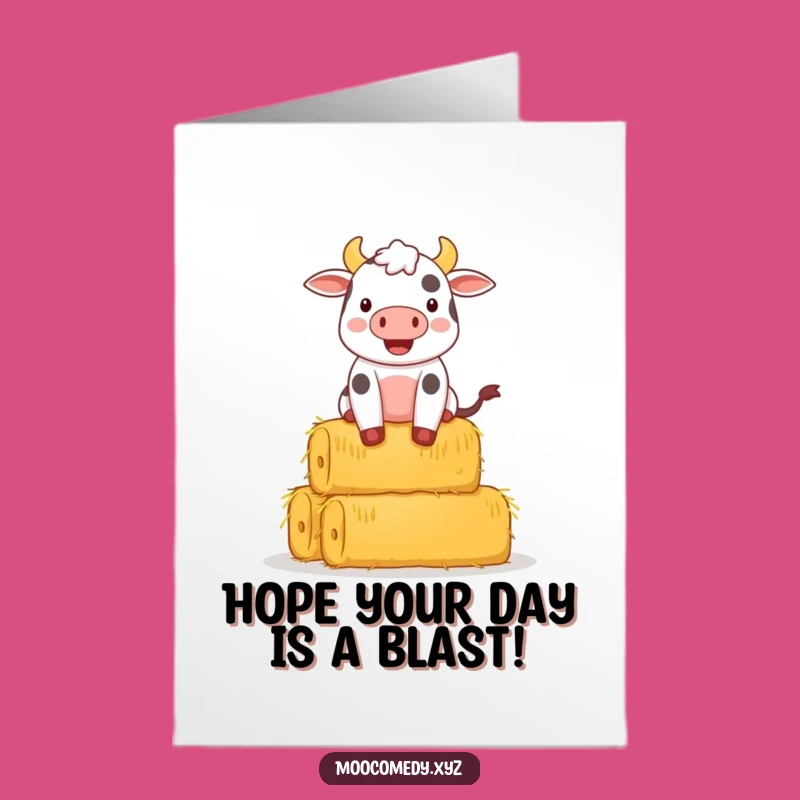 Free Printable Birthday Card: Balancing Cow & Hay Bales Funny Gift