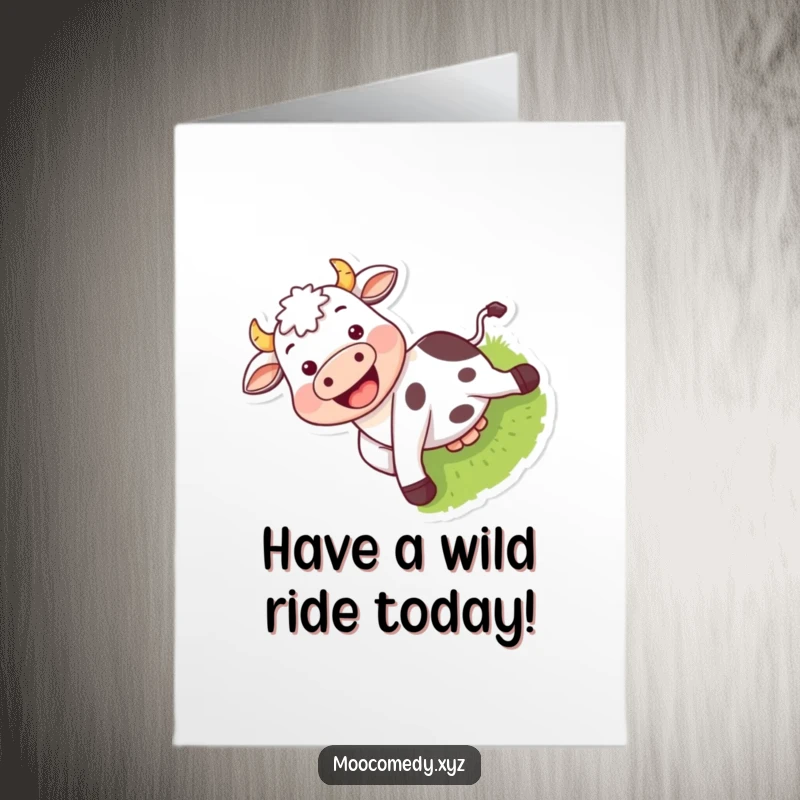 Funny Free Printable Birthday Card: A happy cow joyfully slides down a green hill with a wide grin.