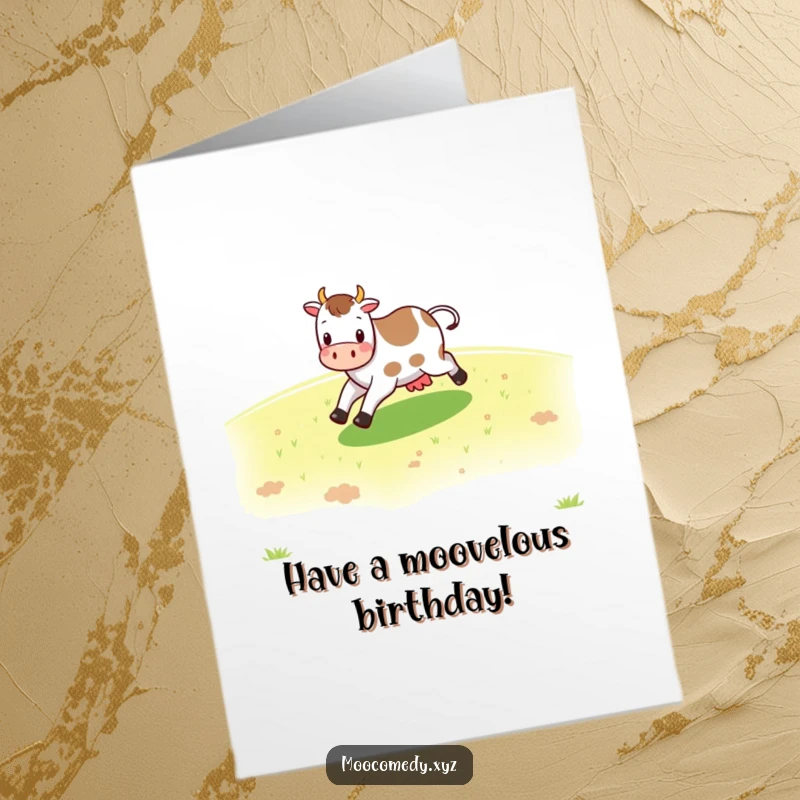 Funny Free Printable Birthday Card: A cheerful cow character happily skipping across a lush green pasture.