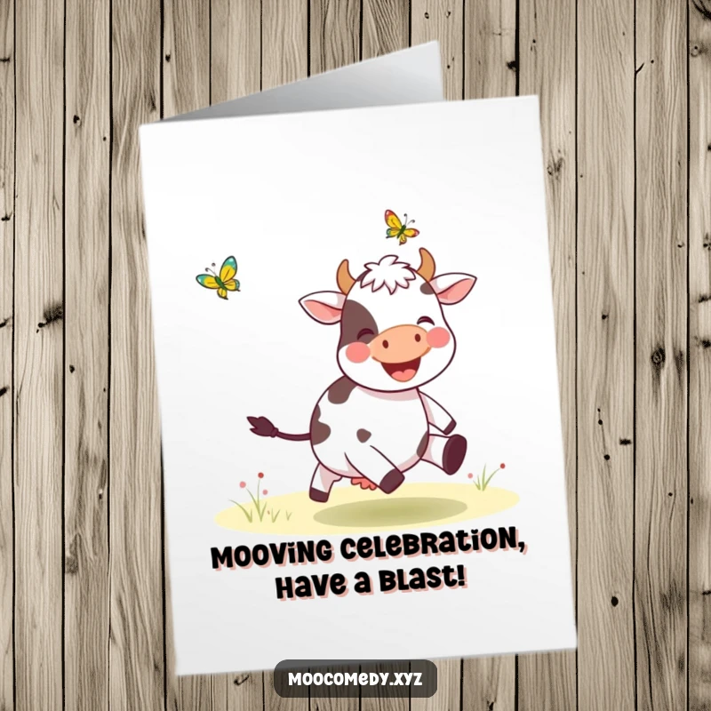 Funny Free Printable Birthday Card: Joyful cow gleefully chasing a butterfly, designed for a hilarious downloadable greeting.