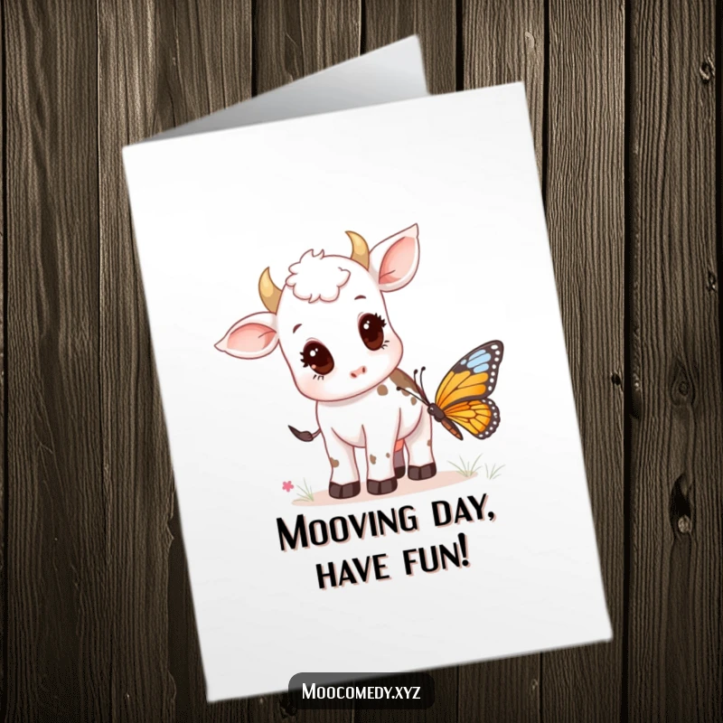 Funny Free Printable Birthday Card featuring a curious cow calf staring intently at a vibrant, fluttering butterfly.