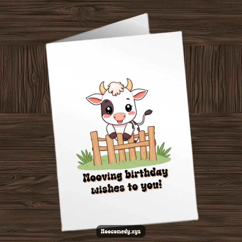 Funny Free Printable birthday card of a cute, smiling cow character happily jumping over a small fence with a joyful expression.