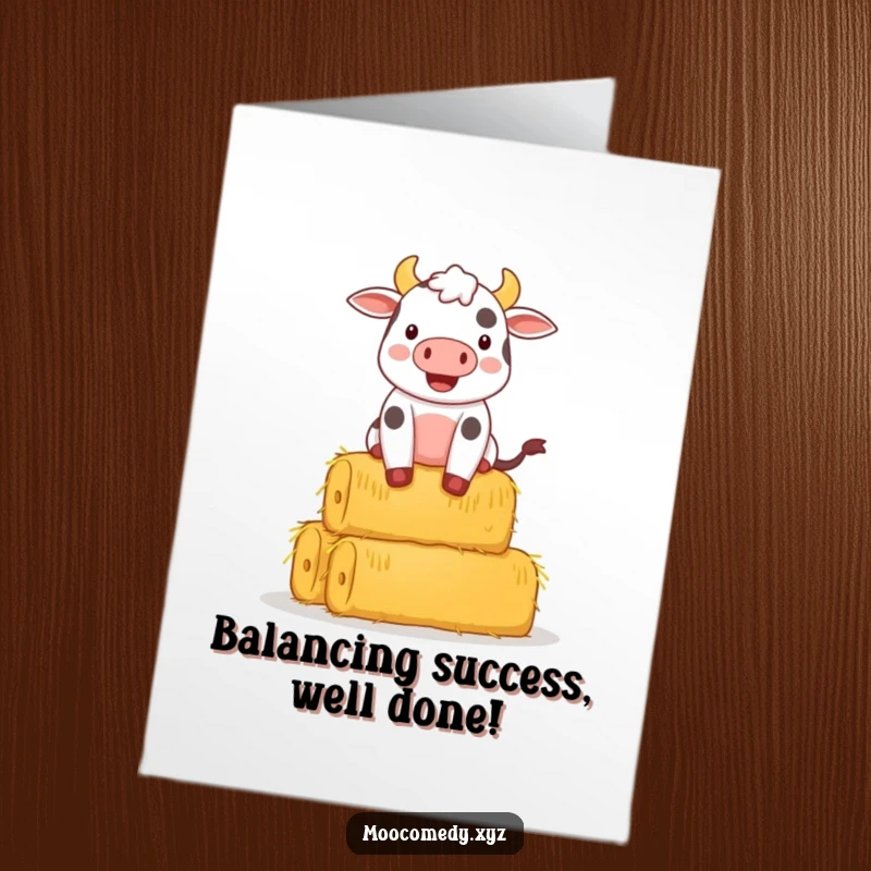 Funny Free Printable Congrats Card: A cheerful cow strains to keep a precarious stack of hay bales upright.