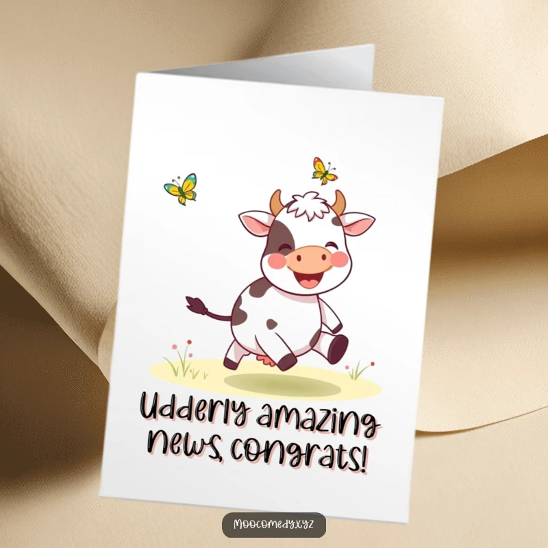 Funny Free Printable Congratulations Card: Smiling cow happily chasing a butterfly, ideal for a downloadable celebratory note.