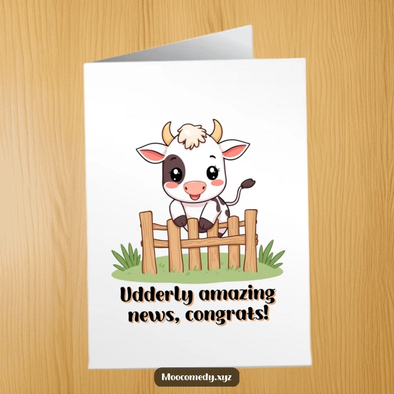 Funny Free Printable congratulations card: a cute, smiling cow character happily jumping over a fence to celebrate an achievement.