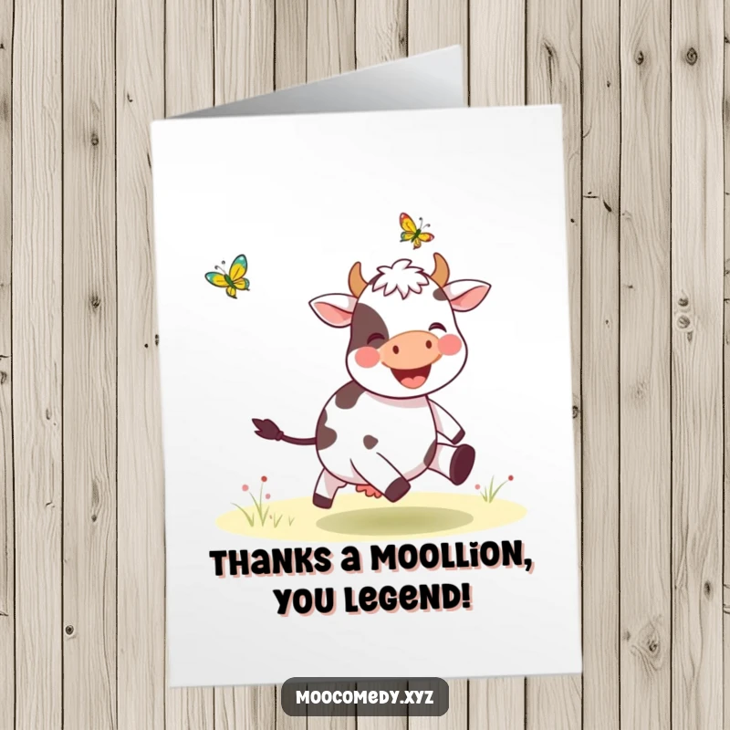 Funny Free Printable Thank You Card: Joyful cow with a butterfly, perfect for a downloadable, humorous expression of gratitude.