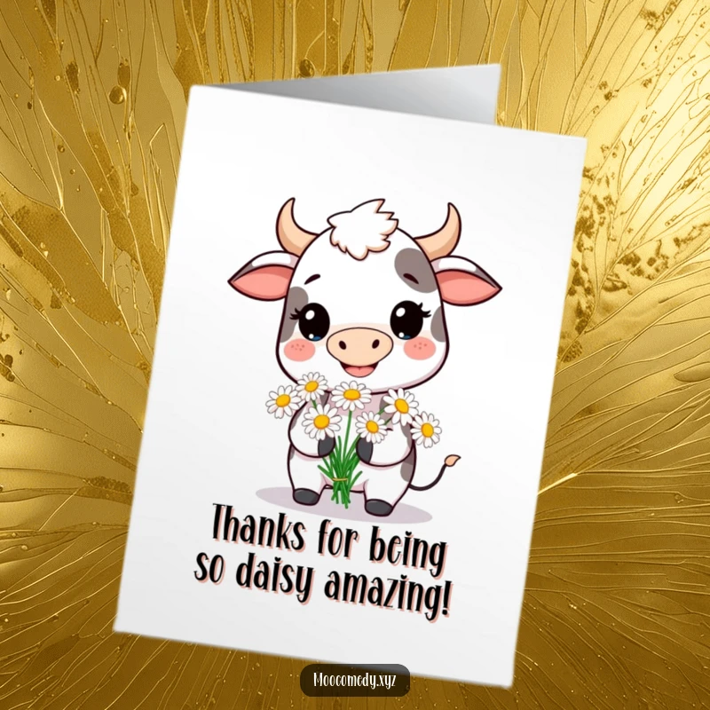 Funny Free Printable Thank You Card: Smiling cow holding daisies, a charming and humorous downloadable thank you note.
