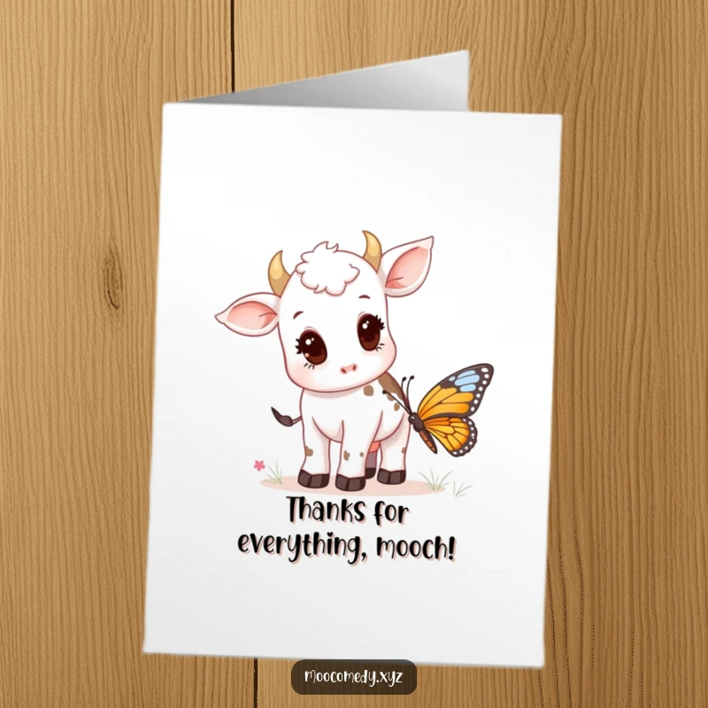 Funny Free Printable Thank You Card: A little cow calf is captivated by a brightly colored butterfly.