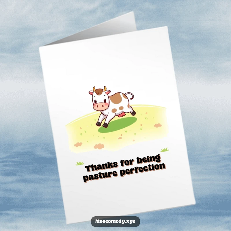Funny Free Printable Thank You Card: A cheerful cow character skipping across a green pasture to say thanks.