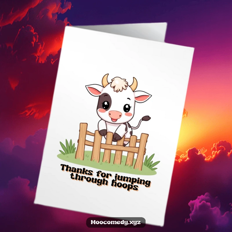 Funny Free Printable thank you card: a cute cow character smiling and happily jumping over a fence to show gratitude.