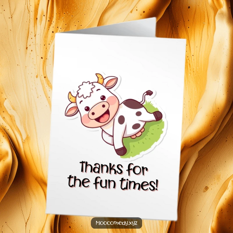 Funny Free Printable Thank You Card: A playful cow with a big grin slides down a grassy incline.