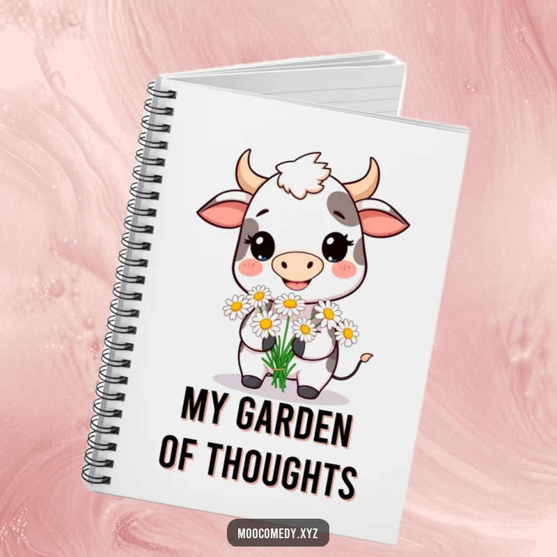 Funny notebook featuring a happy cow offering daisies, great for journaling and creative writing.