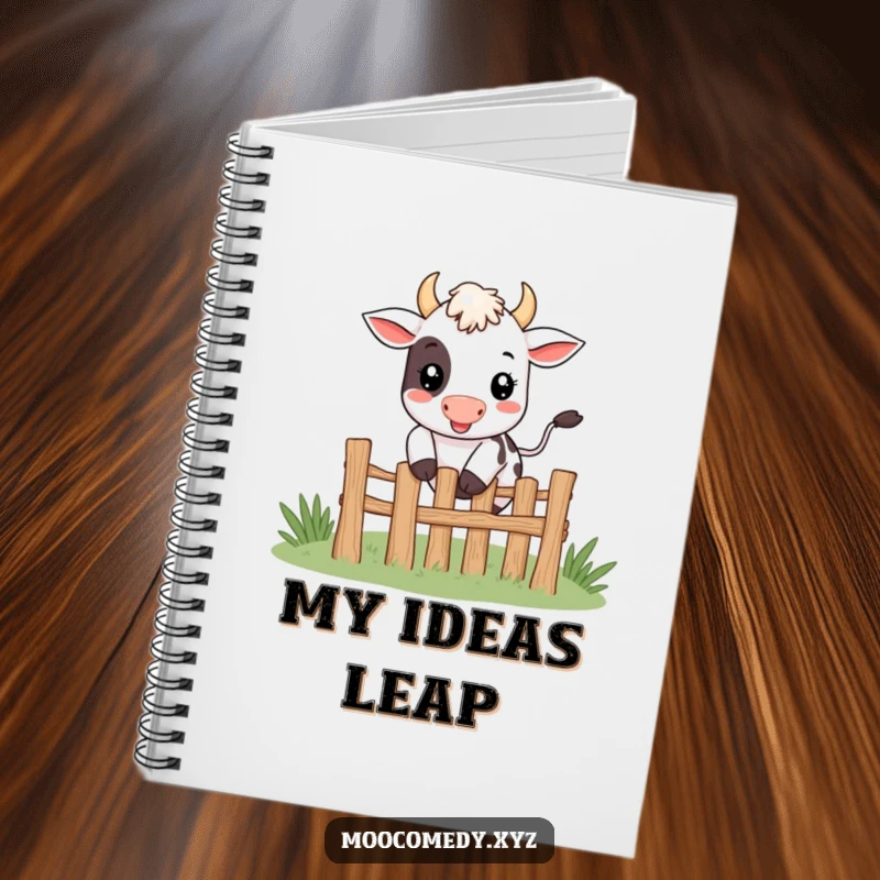 Funny cute smiling cow character happily jumping over a tiny fence on a notebook.