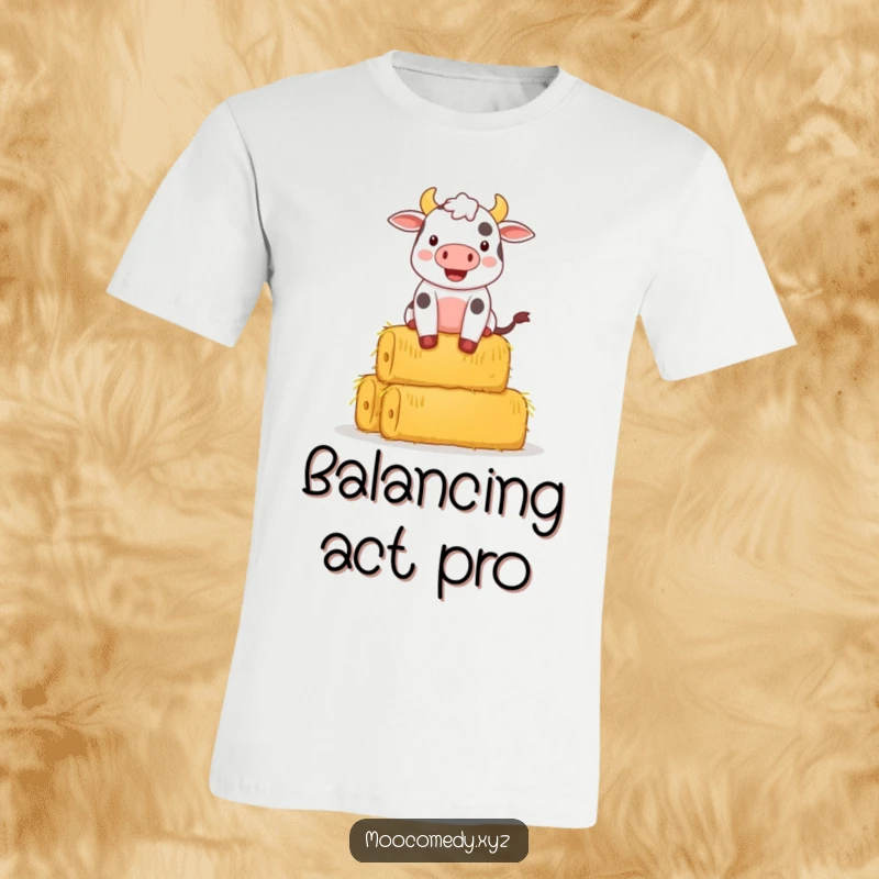 Funny t-shirt depicting a happy cow character with a determined expression, balancing a large stack of hay bales.