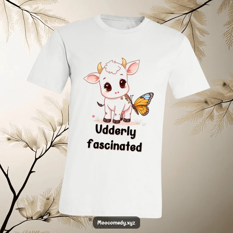 Funny t-shirt featuring a curious cow calf with wide eyes, investigating a colorful butterfly fluttering nearby.