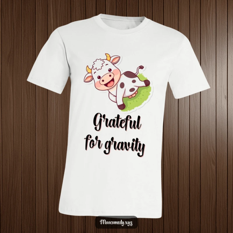 Funny t-shirt with a playful cow character sliding gleefully down a grassy slope with a huge grin.